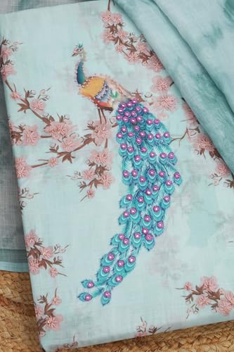 Soch Womens Turquoise Blue Linen Botanical Print Unstitch Dress Material With Sequins