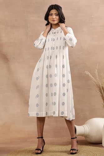W Women White Polka Print Cotton Flarred Dress_24FEW11081-313884_L