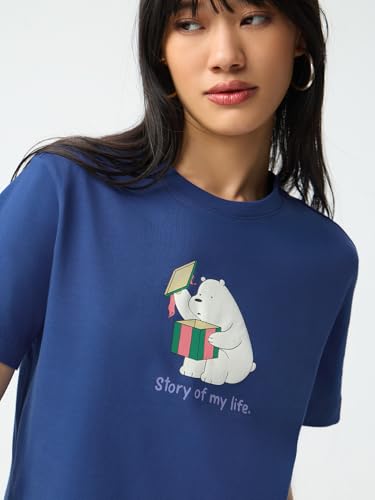 The Souled Store We Bare Bears: Story of My Life Women and Girls Short Sleeves Round Neck Blue Graphic Printed Cotton Relaxed Fit Lightweight Everyday Streetwear T-Shirt