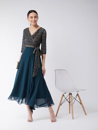 Miss Chase Women's Floral Printed Relaxed Fit V-Neck 3/4th Sleeve Maxi Dress (MCSS21D14-67-83-09, Teal, XXXXL)