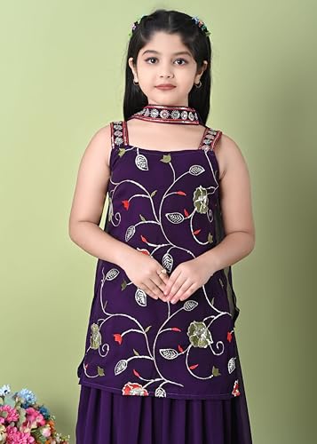 SPAMitude - Georgette Embroidery Sequin Kurta, Skirt and Dupatta Set for Girls – Ethnic Party Dress I Birthday Trendy Classic Outfit I Square Neck Sleeveless (PURPLE, 12-13 YEARS)