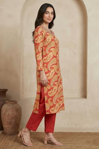 W for Woman Rust Red Paisley Thread Embroidered Modal Straight Kurta - (W14011-127298-XS)