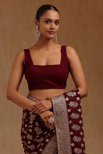 Soch Womens Wine Georgette Embroidered Saree With Stone Work