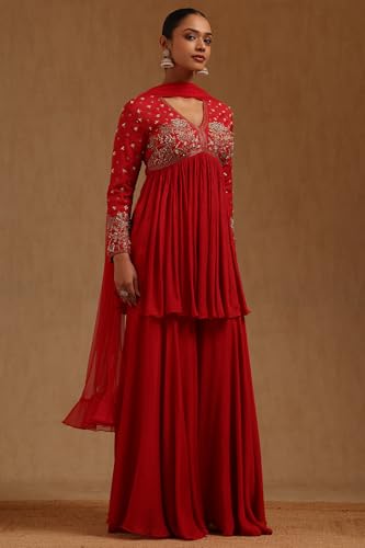Soch Womens Red Chinon Hand Embroidered Suit Set With Cutdana