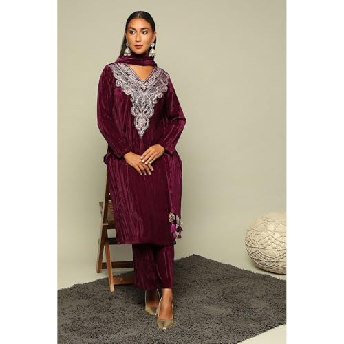 Rangriti Women's Poly Velvet Kurta Set (WNTRWR20385AW24WINE_Wine