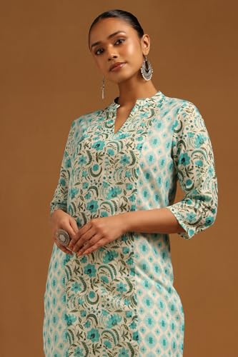 Soch Womens Teal Green Pure Cotton Botanical Kurta