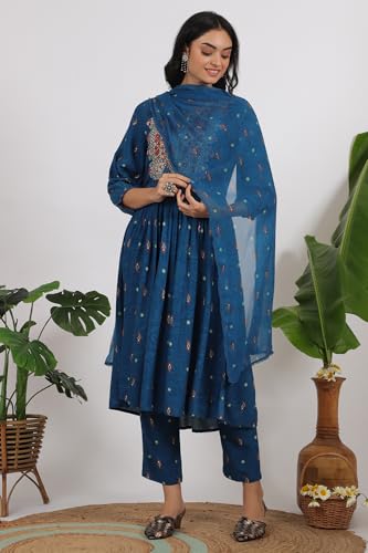 W for Woman Teal Blue Embroidered Yoke Gathered Rayon Kurta, Straight Pants and Dupatta Set (Size: S)-WS12183-124706