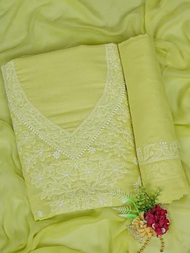 Ada Hand Embroidered Lucknowi Chikankari Unstitched Cotton Dress Material Suit Piece with Dupatta for Women 01A869268 Lime Green