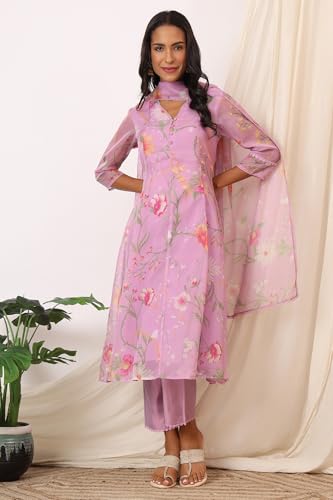 W for Woman Lilac Floral Printed Flared Kurta with Pants and Dupatta Set (Size: L)-WS12551-125728