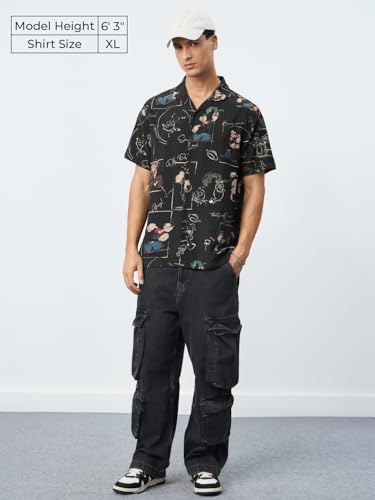 The Souled Store Popeye: Scribble Men and Boys Short Sleeves Collared Neck All Over Printed Viscose Blend Regular Fit Lightweight Casual Holiday Shirts