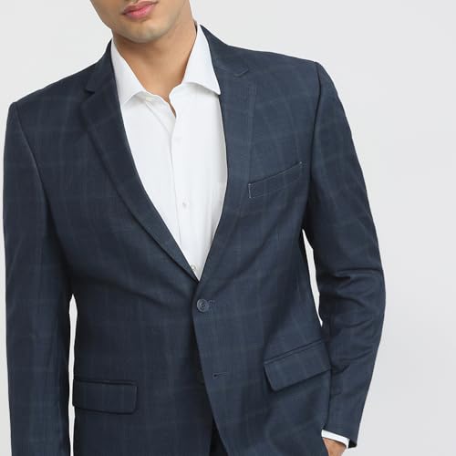 Park Avenue Men Slim Fit Solid Pattern Terry Rayon Blend Notch Lapel Full Sleeve Formal Suit Blue