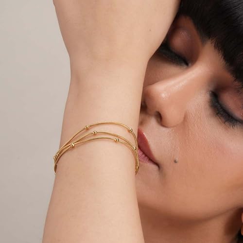 PALMONAS Gold Chain Bracelet with Beads for Womens - Waterproof & Anti-Tarnish, Gift for Girls & Women
