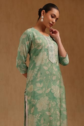 Soch Womens Light Green Muslin Botanical Print Kurta with Thread Work