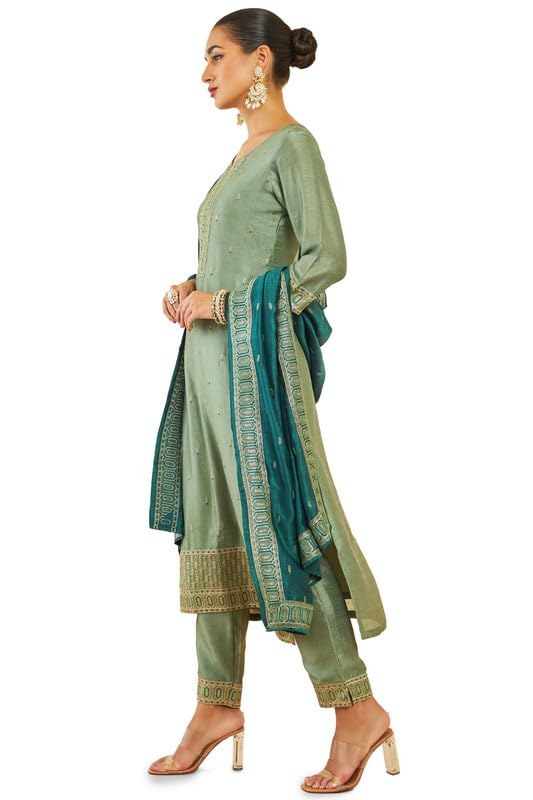 Soch Womens Sap Green Viscose Blend Suit Set With Embroidery And Sequins