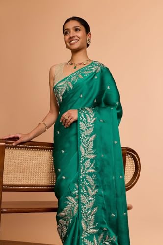 Taneira Women Green Viscose Satin Embroidered Saree With Unstitched Blouse Piece (SAPP07AC5305-Green)
