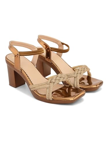 XE Looks Women's Copper Block Heel Sandals | Braided Strap Design with Glossy Finish | Elegant & Trendy Sandals With Ankle Strap | Comfortable & Stylish Block Heels For Girls & Women