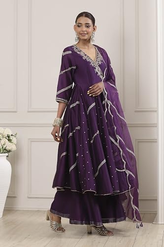Biba Women Purple Chanderi Silk Anarkali Suit Set_36