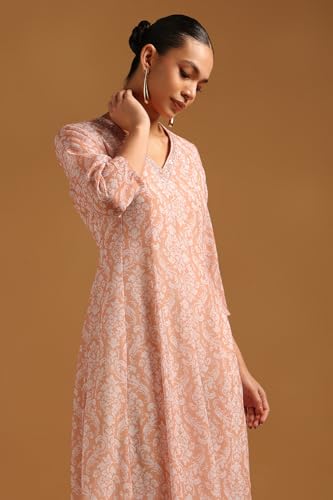 Soch Womens Peach Georgette Ethnic Motifs Dress with Thread Work