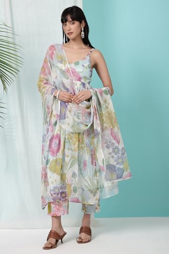W for Woman Light Blue Floral Printed Gathered Sleeveless Chiffon Kurta with Pants and Dupatta Set (Size: 2XL)-WS12548-125443