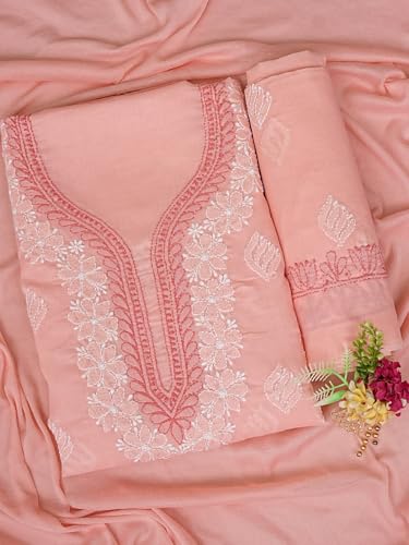 Ada Hand Embroidered Lucknowi Chikankari Unstitched Cotton Dress Material Suit Piece with Dupatta for Women 01A873293 Peach