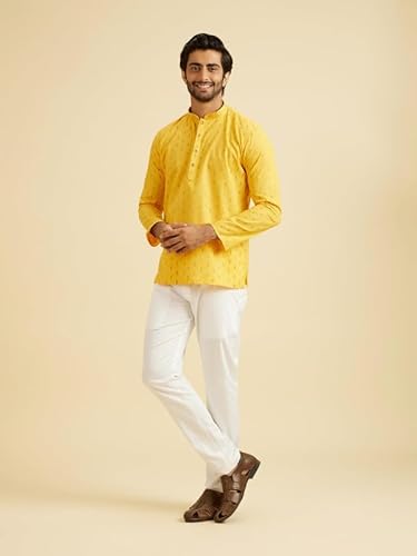 Manyavar Men's Cotton Jacquard| Thread Work Short Kurta (Mustard,M)