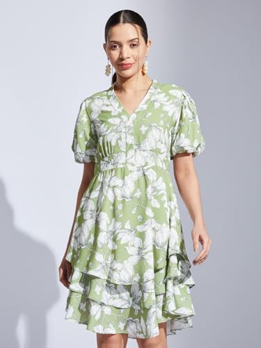 Latin Quarters Women Green V-Neck Half Sleeves Printed A-Line Dress for Casual Wear