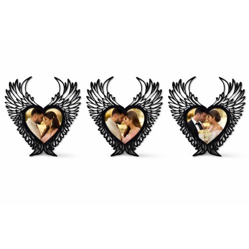 MP Personalized Heart Shape Photo Frame with Angel Wings, Black, Wall Decor, Wedding Couple Gift