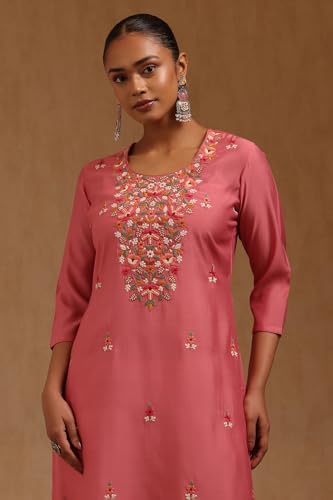 Soch Womens Pink Roman Silk Floral Chikankari Embroidered Kurta