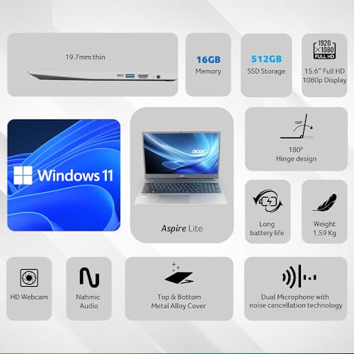 Acer Aspire Lite, AMD Ryzen 3 5300U Processor, 16 GB RAM, 512GB SSD, Full HD, 15.6"/39.62cm, Windows 11 Home, Steel Gray, 1.59KG, AL15-41, Metal Body, Premium Thin and Light Laptop