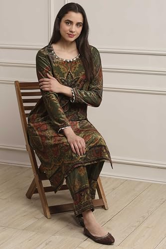 Biba Women Heena Green Polyester Straight Printed Kurta Pants Set_34