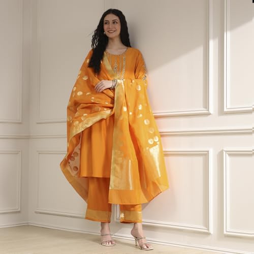 Biba Women's Blended Kurta Set (SKDASRT30458AW25ORG_Orange