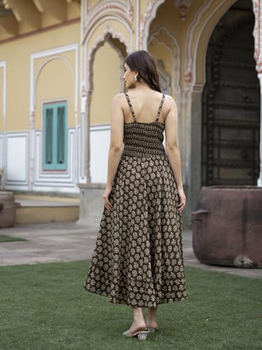 Divena Brown Floral Print Pure Cotton Fit & Flare Dress