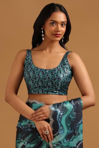 Soch Womens Blue Satin Abstract Saree With Stone Work