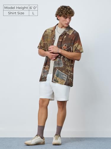 The Souled Store Summer Shirt: Cowboy Men and Boys Short Sleeves Collared Neck Button Front Brown All Over Printed Regular Fit Rayon Holiday Shirts