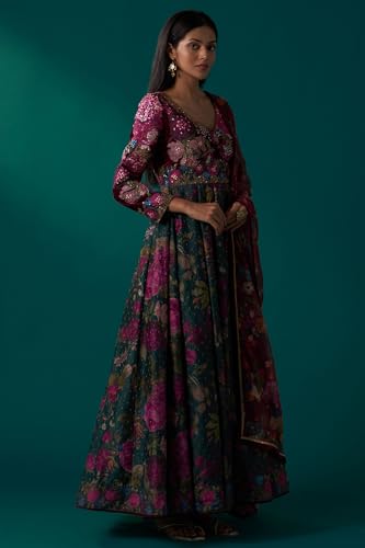 Wishful Women's Green Floral Printed Sequined Yoke Festive Anarkali Dress with Churidar and Dupatta Set (SP12848-126754-XL)