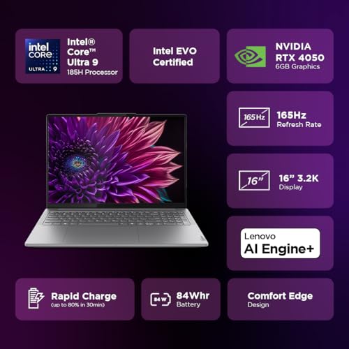 Lenovo Yoga Pro 9 Intel Evo Core Ultra 9 185H Built-in AI 16"(40.6cm) 3.2K IPS 165Hz Touchscreen Laptop (32GB/1TB SSD/NVIDIA RTX 4050 6GB/Win11/MSO 21/5.0MP+IR Cam/3 Mon GamePass/Grey/2Kg), 83DN004VIN