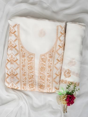 Ada Hand Embroidered Lucknowi Chikankari Unstitched Crepe Dress Material Suit Piece with Dupatta for Women 08A500843 White