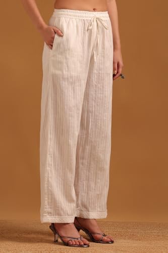 Soch Womens Off White Cotton Stripes Kurta Set With Lace Details