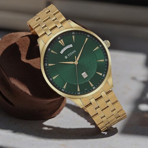 Titan Opulent LII Quartz Analog with Day & Date Green Dial Gold Stainless Steel Strap Watch for Men - NT90127YM03