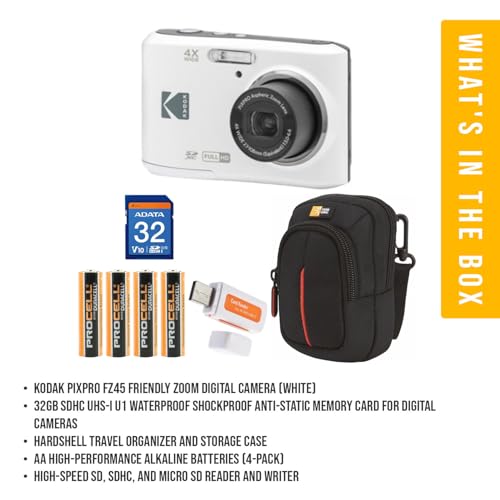 Kodak PIXPRO FZ45 Friendly Zoom Digital Camera (White) Bundle with 32GB Memory Card, Travel Organizer and Storage Case, Alkaline Batteries, and SD Reader (5 Items)