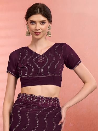 AKHILAM Women's Wine Tissue Geometric Printed Saree With Unstitched Blouse Piece (KRIYNS4905_KH)