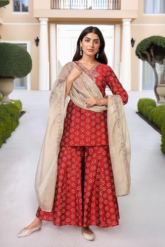 W for Woman Red Bandhni Print Zari Embellished Straight Art Silk Kurta with Sharara and Dupatta Set (WS13171-126692-2XL)