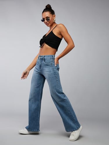 Dolce Crudo Women's Wide-Leg High Rise Regular Length Stretchable Shaping Denim Jeans (DOSS24DEN12-92-471-28, Cloud Blue, 28)