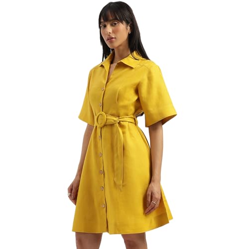 UNITED COLORS OF BENETTON Shirt Collar Solid A-Line Dress (Size: L)-25P4WVNDR150I901 Yellow