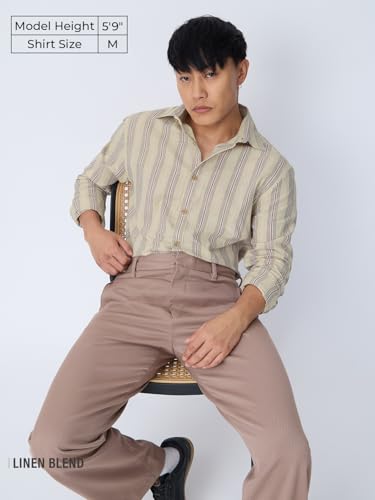 The Souled Store: Nova Men and Boys Long Sleeve Spread Collar Beige Striped Regular Fit Summer Ready Breathable Lightweight Easy to Style Officewear Casual Cotton-Linen Shirt