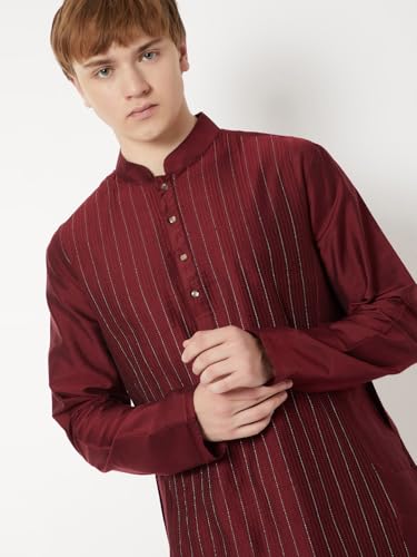 Max Men Striped Straight Long Kurta (Red_L)
