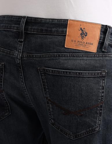 US Polo Association Men's Blue Solid Mid Rise Light Button Slim Jeans (UDJEN1369_Blue_32)