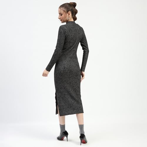 Madame Black Textured Bodycon Dress with Long Sleeves