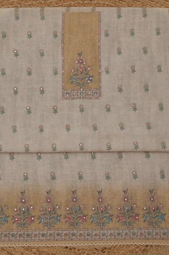 Soch Womens Beige Linen Floral Dress Material With Faux Mirror