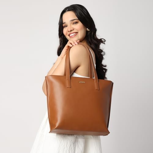 Fastrack Carrycore Tote | Tan Faux-Leather Women's Bag | Spacious Tote Bag with Zipper Closure & Utility Pockets For Daily Carry| Eligible For 14" Laptop